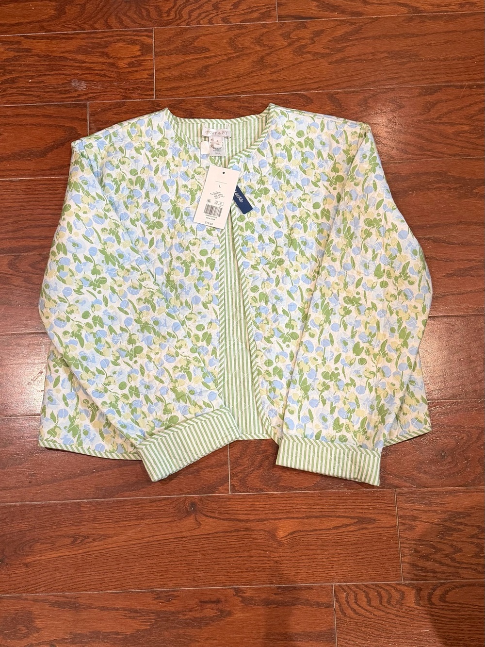 Crown & Ivy Green and Light Blue Floral Reversible Quilted Jacket